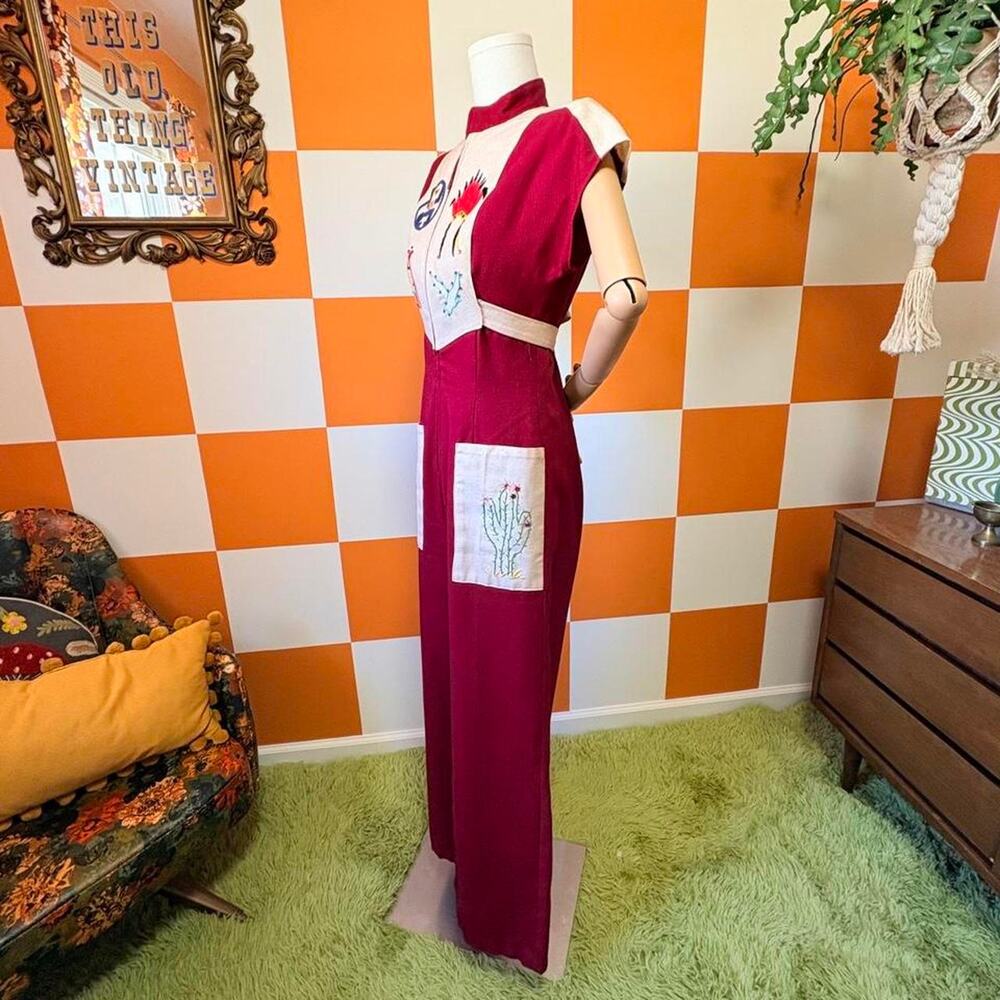 70s Vintage Maroon Beige Southwestern Embroidered Wide Leg Jumpsuit - Picture 6 of 7